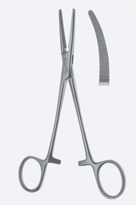 Зажими, хірургічні, гемостатичні, Spencer-Wells, вигнуті, зубчасті щелепи, з кремальєрою, загальна довжина 200 мм. Бренд - Asanus Medizintechnik Gmb, Німеччина